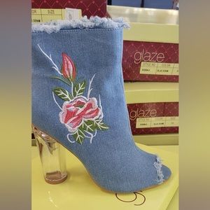 Glaze Denim Floral open toe Bootie Clear heel